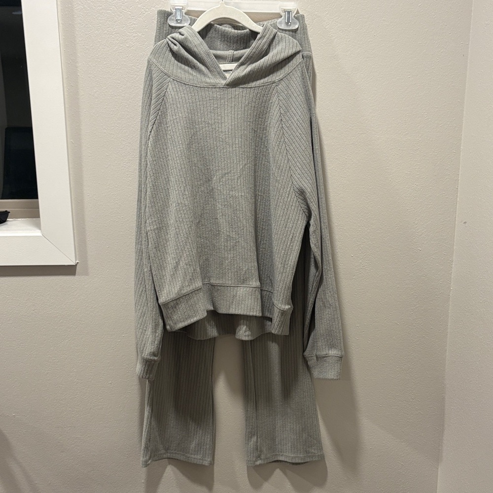 Light Green Gray Ribbed Hoodie and Pants Set